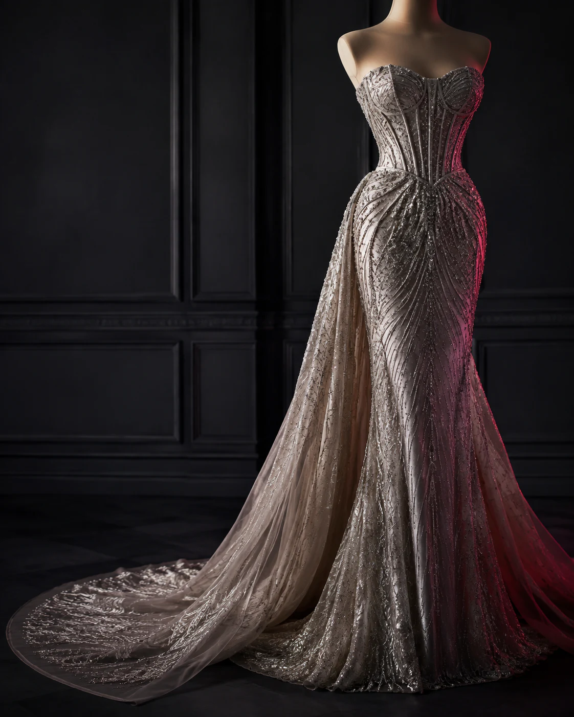 Detailansicht eines silbernen Couture-Kleids